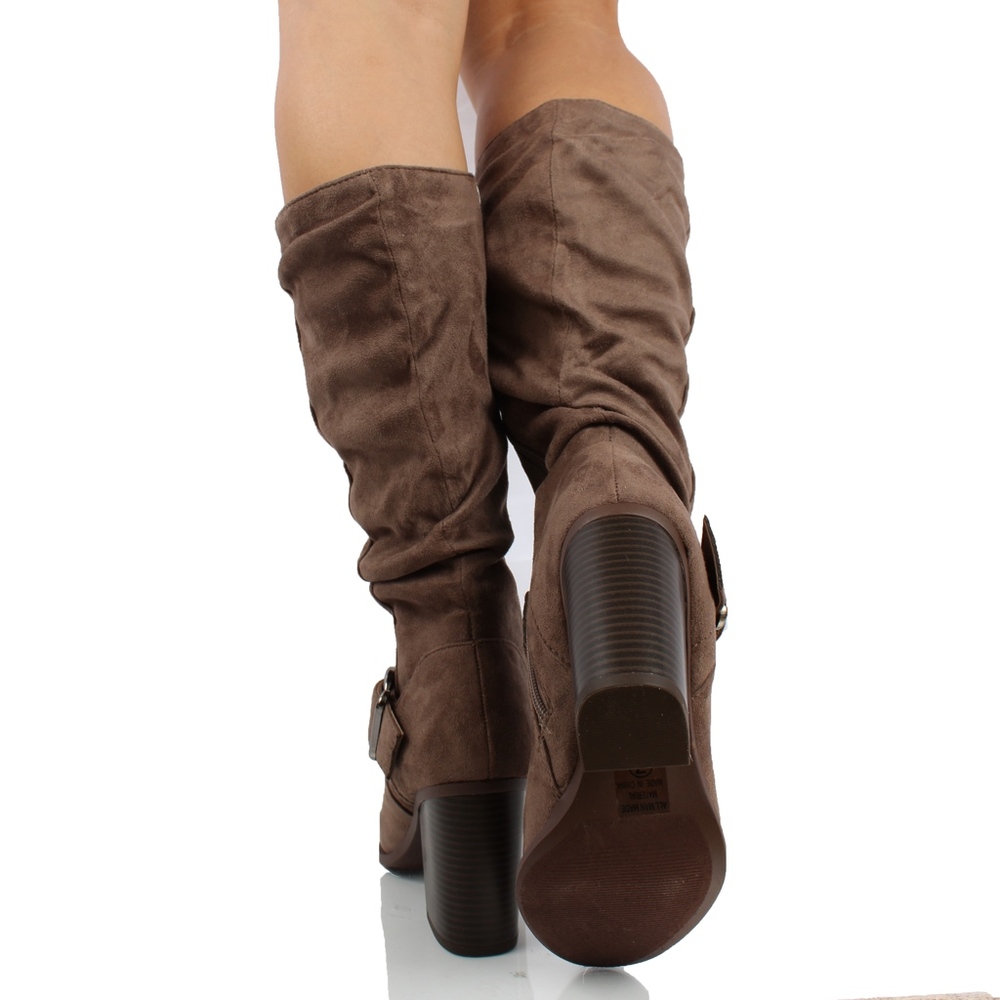 Taupe Faux Suede Slouchy Stacked Heel Knee High Bo - Picture 6 of 6
